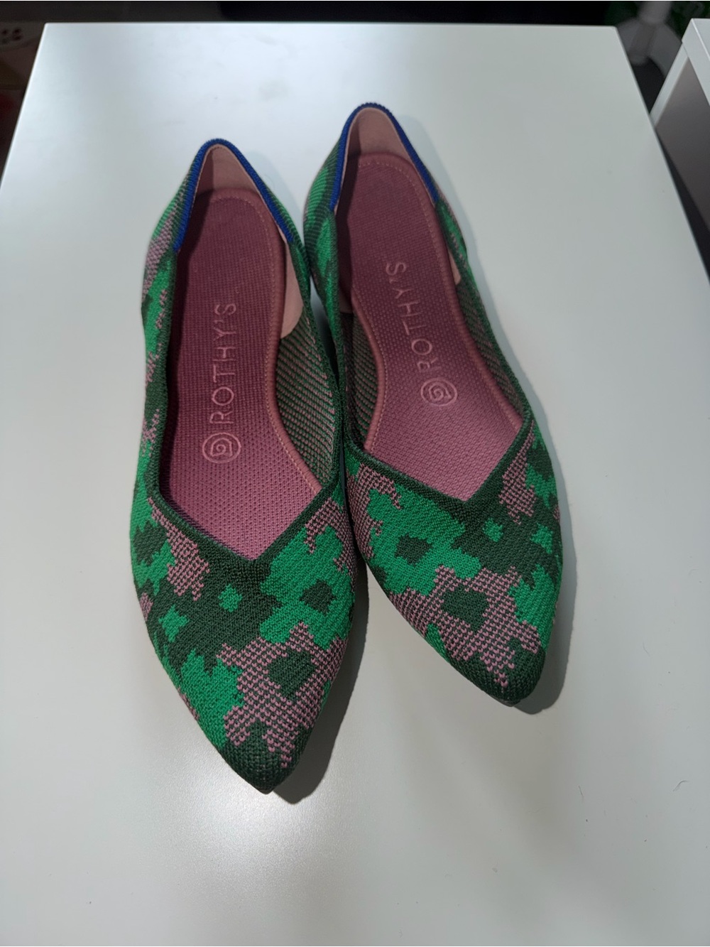 Rothy’s Pointed Knit Ballet Flats in Green and Pink